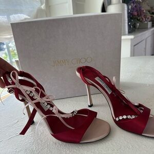 Jimmy Choo Red Satin Crystal Lace-Up Stiletto Sandals with Pale Pink Ties